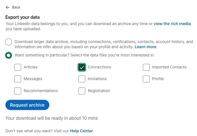LinkedIn export your data screen with the Connections checkbox selected