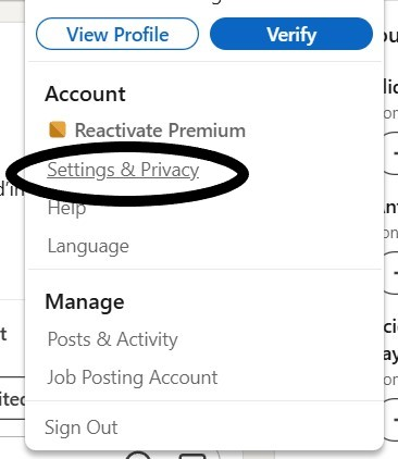 LinkedIn profile menu with Settings & Privacy circled